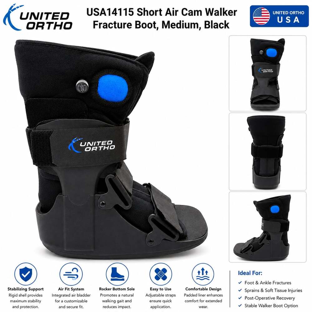 United Ortho USA14115 Short Air Cam Walker Fracture Boot, Black